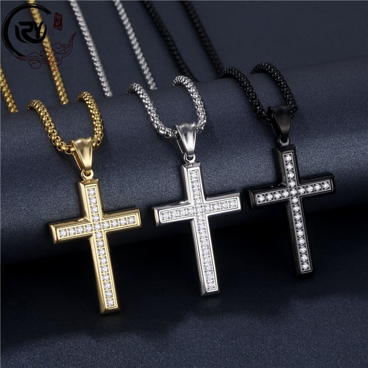 Men's Jewelry Fashionable Titanium Steel Jewelry, Popular Light Luxury Style Full Diamond Cross Sweater Chain Steel Necklace