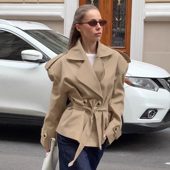 Nordlicht European And American Cross-Border New 2025 Autumn Design Trendy Casual Lace-Up Waist-Cinching Mid-Length Khaki Trench