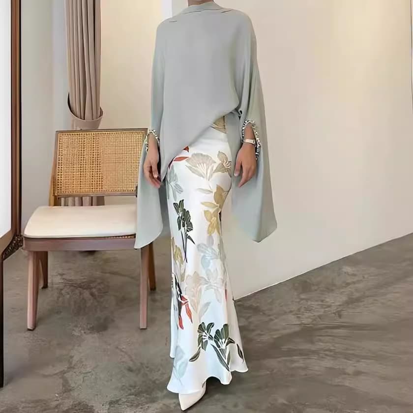 Women's Fashion Floral Print Loose Batwing Shirt Two-Piece Set