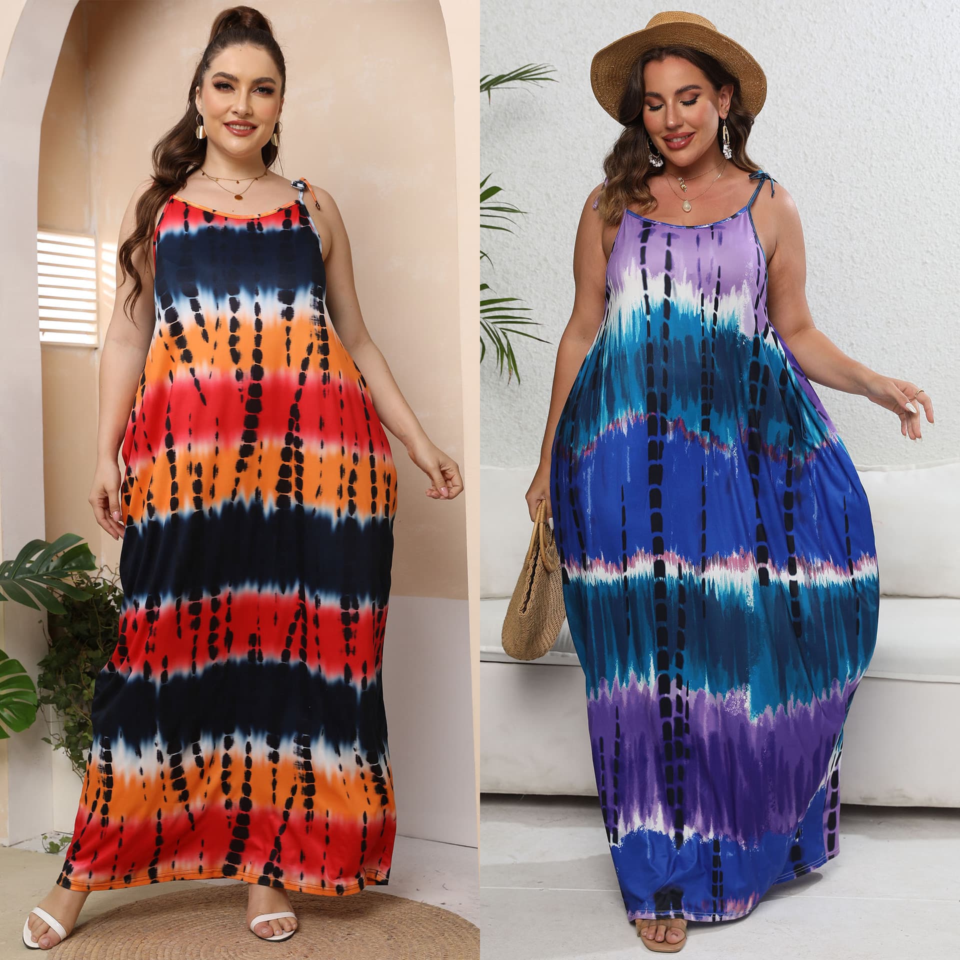 Women's Plus Size Tie-dye Print Strappy Loose Dress