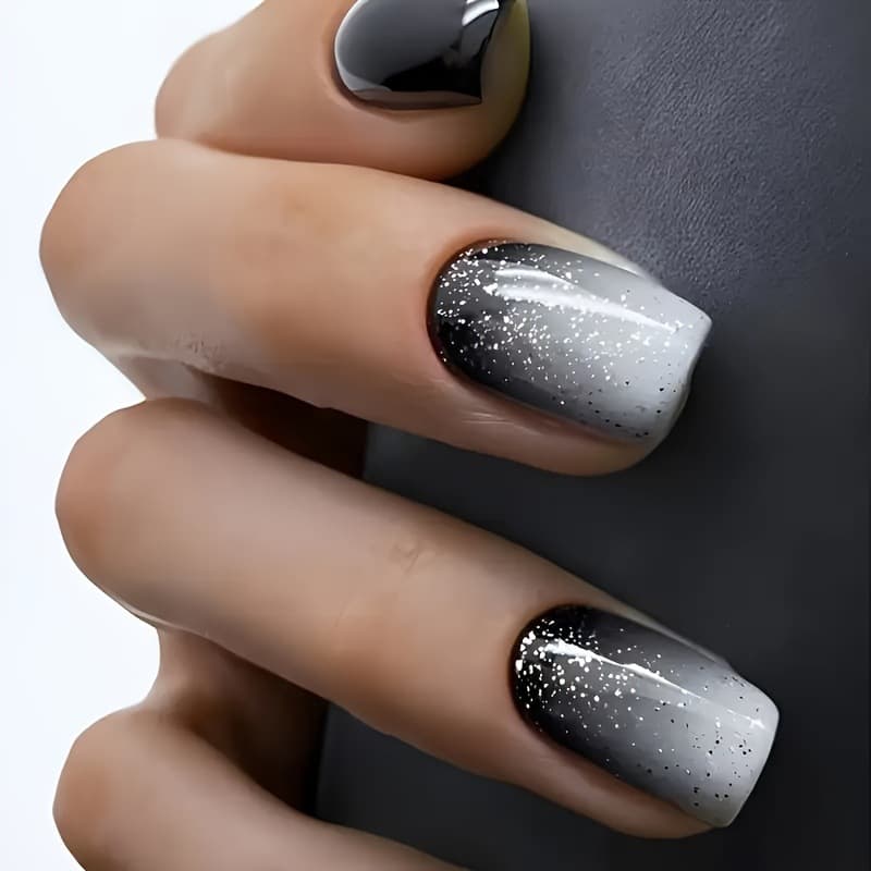 Black White Ombre Press On Nails With Glitter – 24PCS Reusable Fake Nails, Short Square Acrylic Nails For Women, Easy DIY False Nails (LC206)