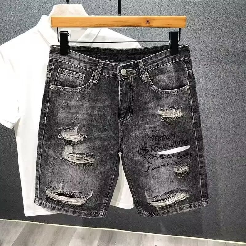 Man's Clothing Cargo Denim Shorts Men's Irregular Splicing Printed Personality Brand Luffian Handsome Five-quarter Flower Pants