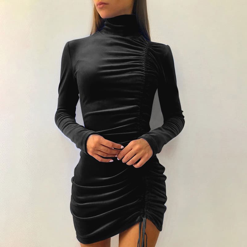 suede drawstring high-neck dress women's fashion long-sleeved tight-fitting hip dress skirt