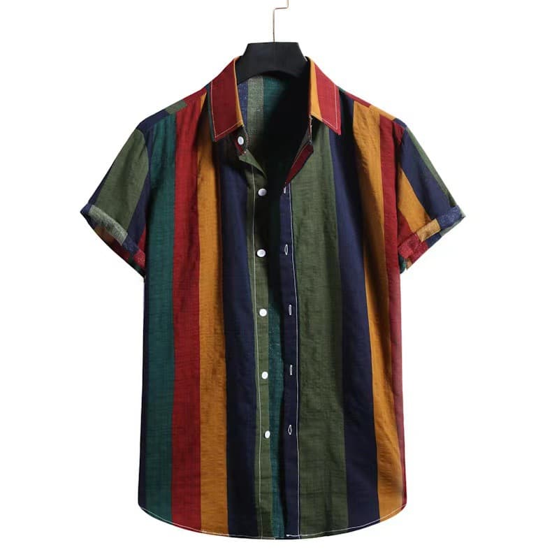 Men's new striped casual men's shirt with lapel short sleeve personality color striped men's shirt