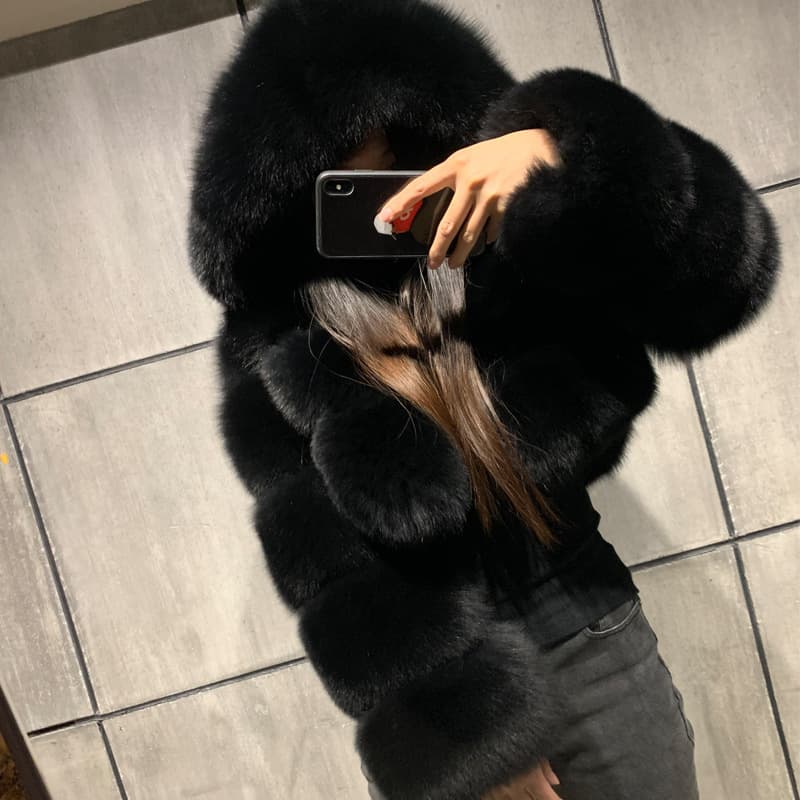 Women's Clothing Women's coat fur coat short hooded fur coat fox fur long sleeve patchwork