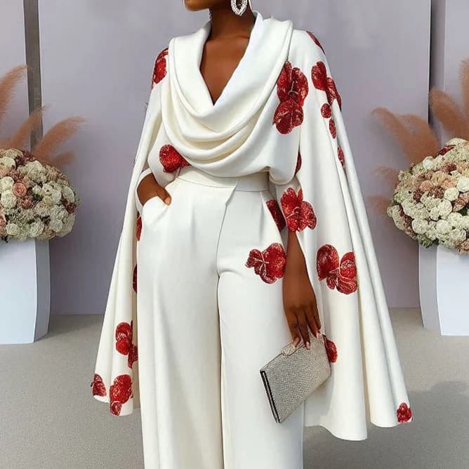 Women's Clothing new products printed pile collar long sleeve two piece suit trousers suit