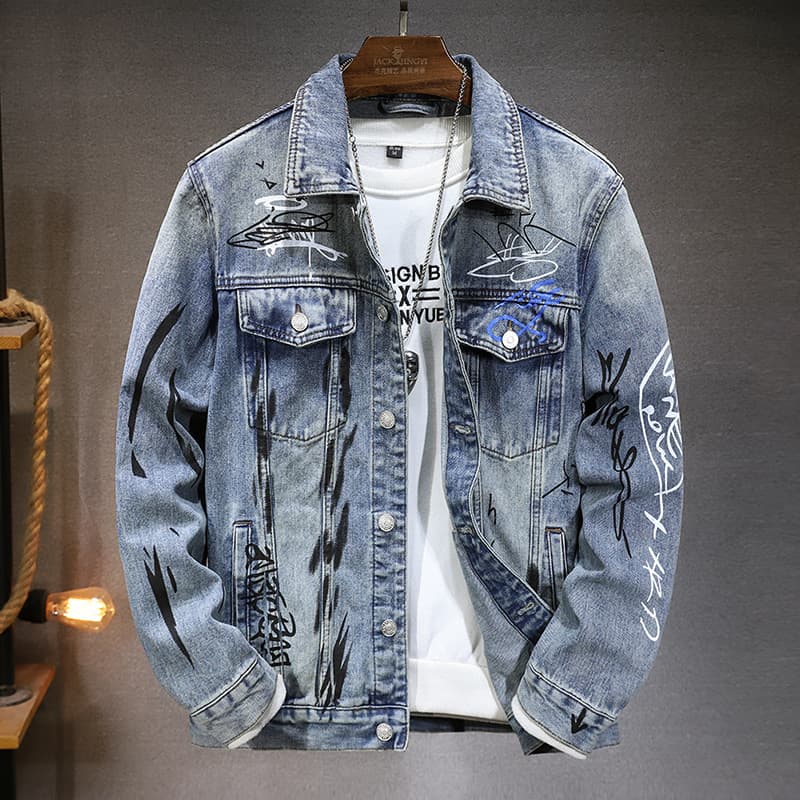 Men's Clothing new versatile men's jackets spring and autumn high end trendy brand graffiti print fitted denim jacket for men
