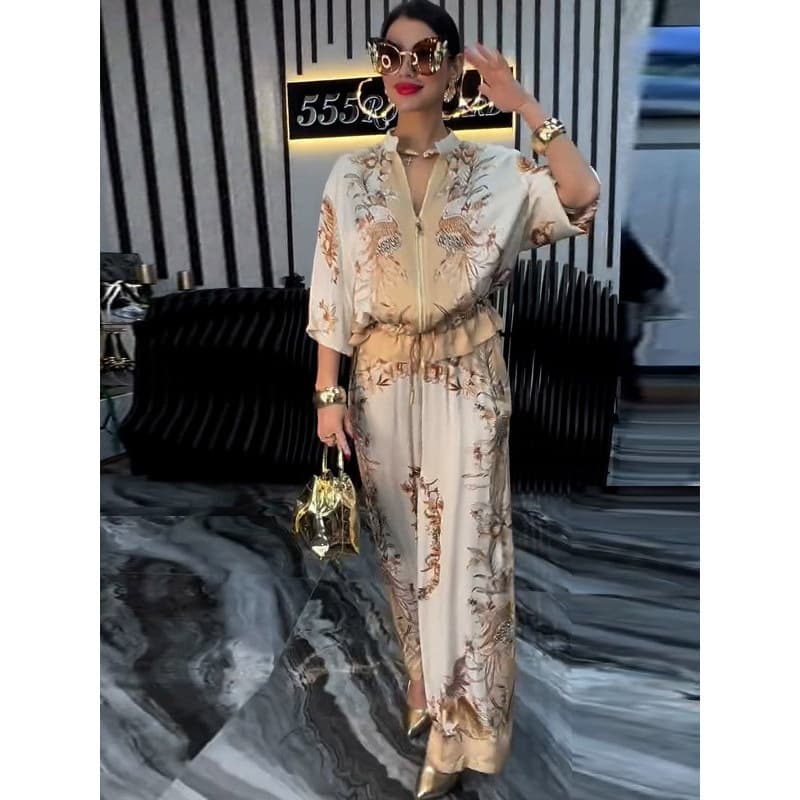 3D Floral Print Baseball Jacket & Drawstring Pants Set – Trendy Streetwear Two-Piece Outfit For Women (S-3XL, Peach/Orange/Green/Blue)