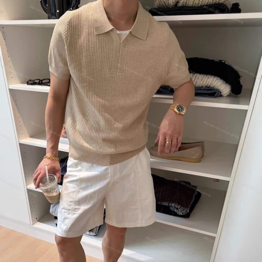 Men's Summer Lightweight Breathable Ice Silk Polo Shirt Short Sleeve Knitted Seagull Collar Stylish T-Shirt Old Money Trendy