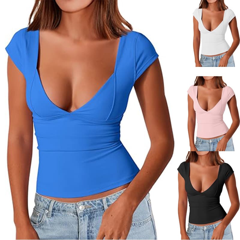 Women's Clothing Sexy Deep V Neck Halter Top Short Sleeve Slim Fit T Shirt Basic Style
