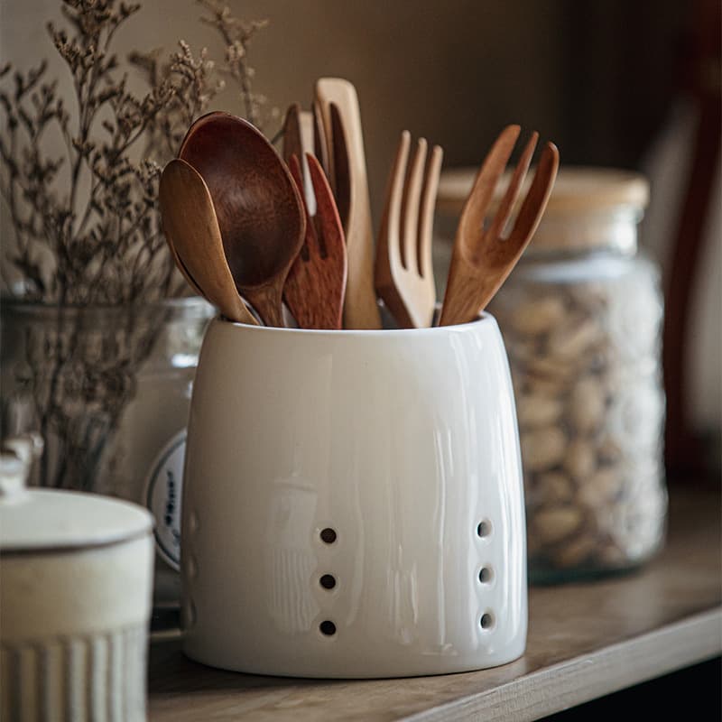 White Ceramic Utensil Holder With Drainage Holes – Minimalist Chopstick & Cutlery Organizer For Kitchen, Bathroom & Office