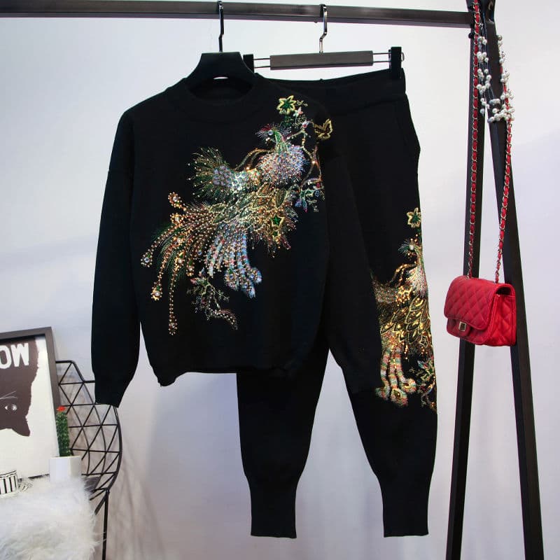 Women's Clothing peacock sequins long sleeve fashion velvet sports two piece casual suit female autumn