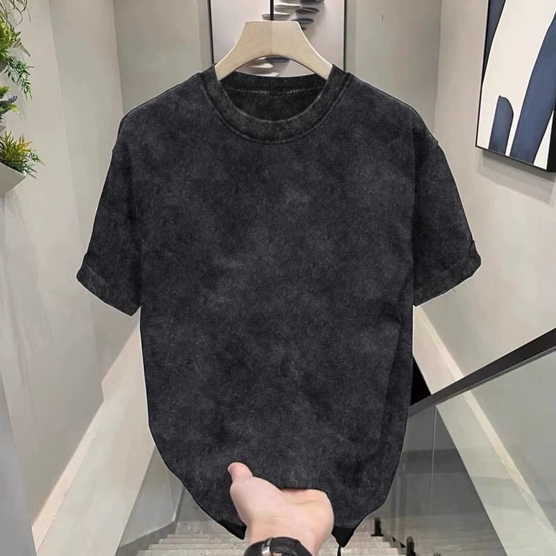 Men's clothing Washed distressed short-sleeved T-shirt men's summer 2024 new ins solid color retro casual versatile loose top