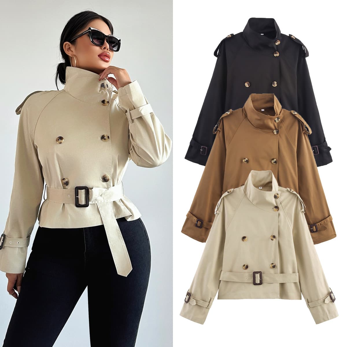 Women's Clothing Spring/Autumn Short Trench Coat Women's Short Trench Coat With Belt & Lapel Collar – Khaki/Black/Dark Brown (Sizes S, M, L)