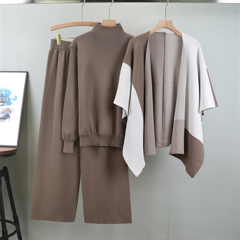 Women's Clothing Fashion Knitted Color Matching Shawl Wide Leg Pants Temperament Fashionable Three Piece Suit