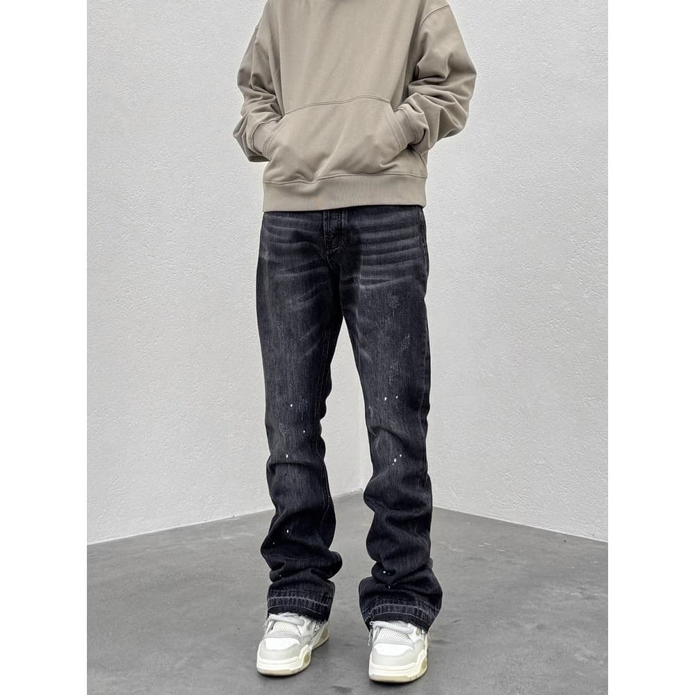 Men's Clothing Vintage Washed Black & Blue Splash Ink Straight-Leg Slightly Flared Jeans For Men & Women – Comfortable Cotton Denim With Mid-Rise
