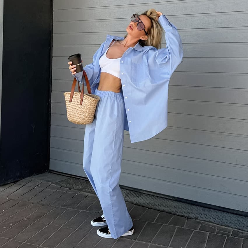 fashion casual suit women's loose blue long-sleeved shirt wide-leg pants two-piece set
