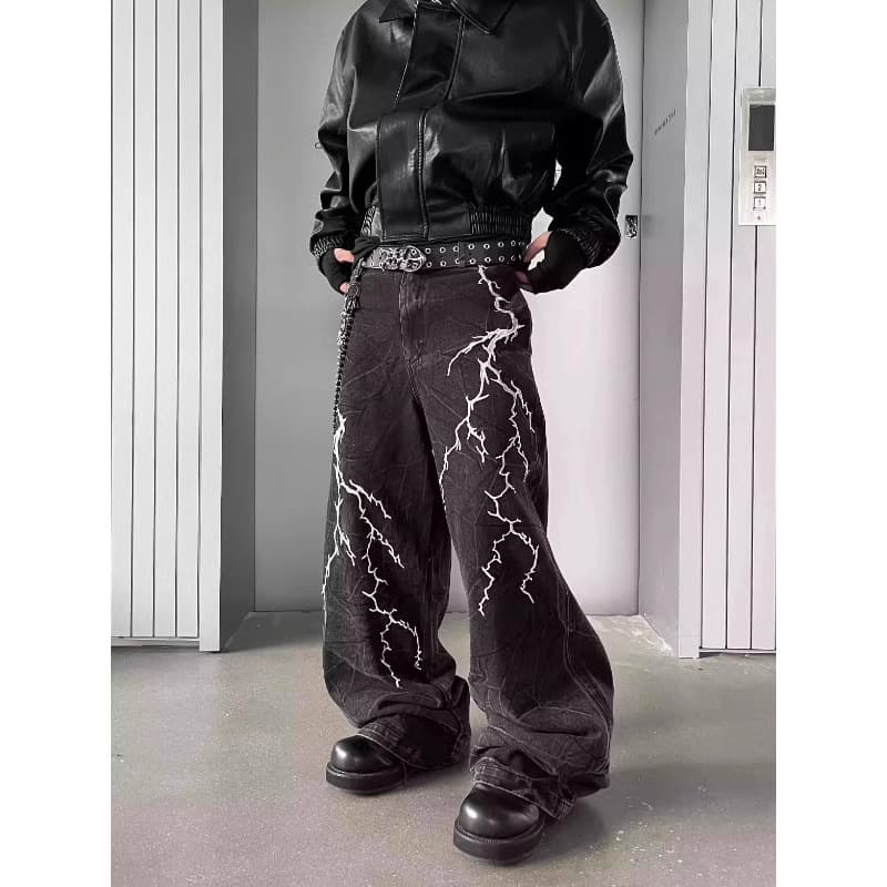 Lightning Embroidered Black Jeans Men's Straight Loose Fit Streetwear Hip Hop Baggy Pants For Casual & Trendy Outfits