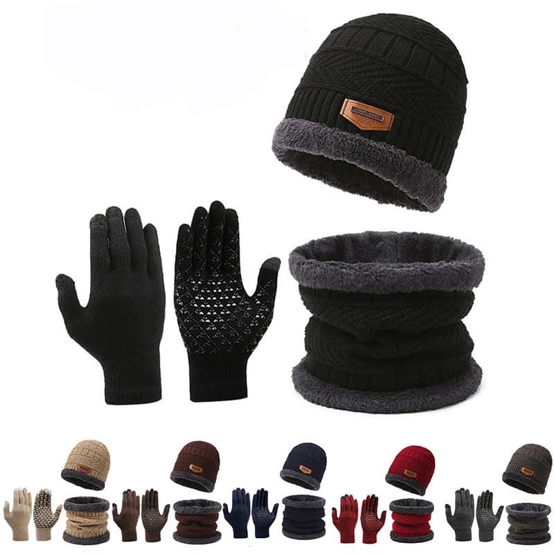 Unisex Hat Men's scarf gloves three-piece neck one plus cashmere warm knit hat