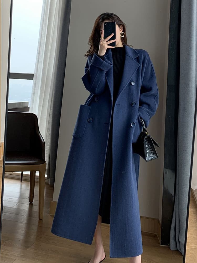 Jmprs Winter Woolen Long Coat Casual Women Double Breasted Faux Wool Jacket Fall Fashion Korean Ladies Black Clothes New
