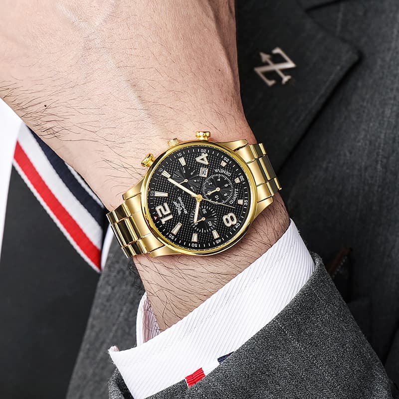 new casual steel band men's quartz watch sports large dial three eyes non-mechanical calendar temperament watch