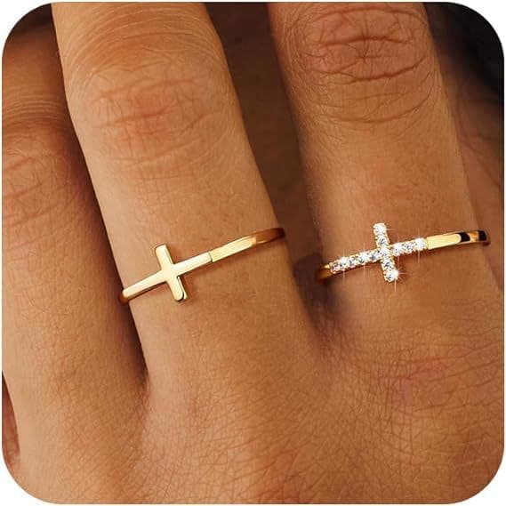 New Jewelry Minimalist Exquisite Fashion 14K Gold Cross Women's Diamond-Encrusted Two-Piece Ring Set