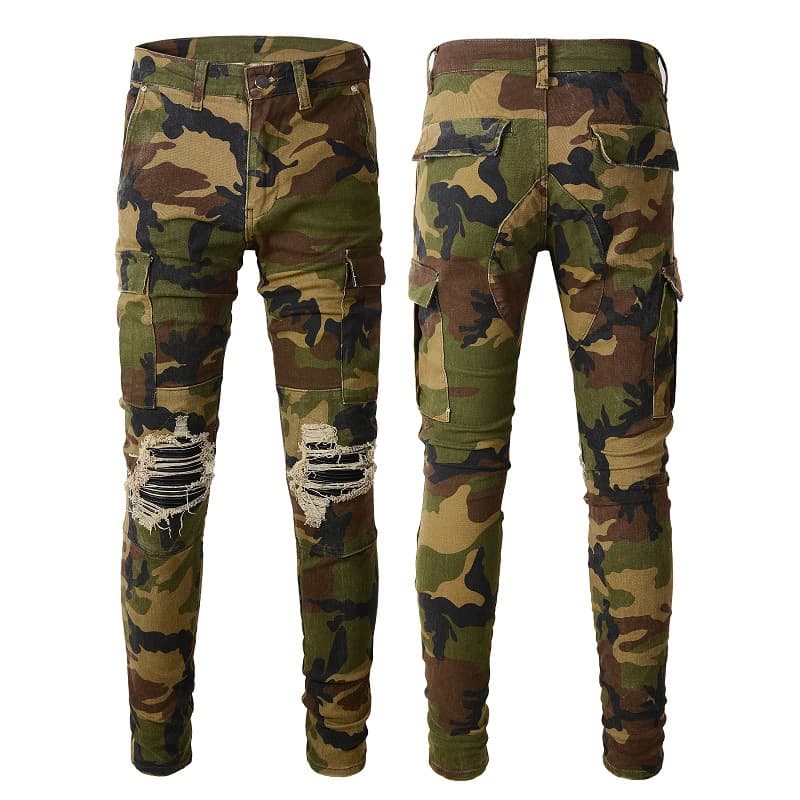 American High Street Men's Camouflage Jeans Outdoor Casual Versatile Ripped Elastic Slim Pants Men's Pants 536