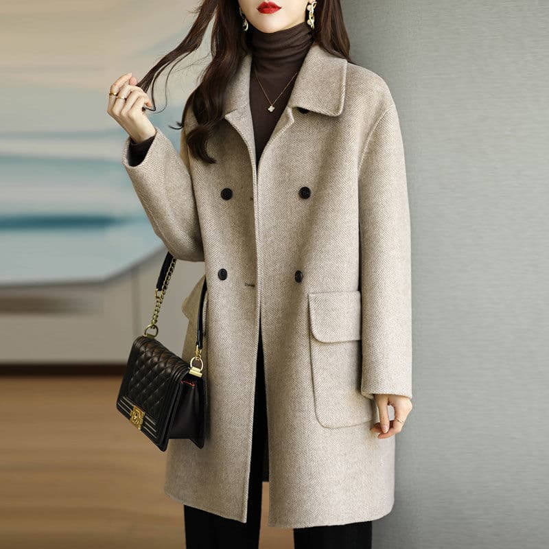 Women's Clothing Woolen Coat Autumn And Winter Coffee Color Thickened Slim Fit Medium And Long Woolen Coat
