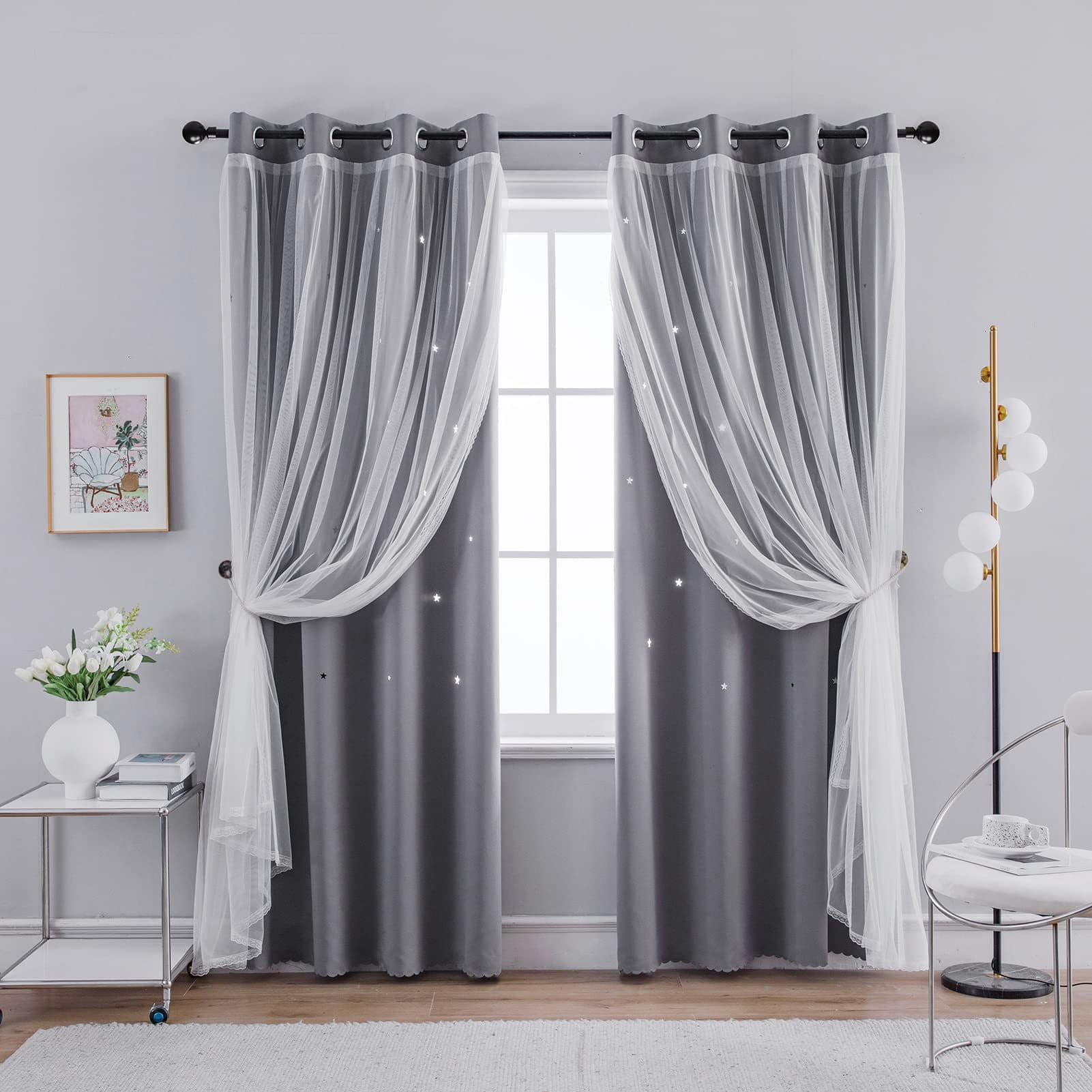 double layer curtains hollow star blackout rod punching short curtains