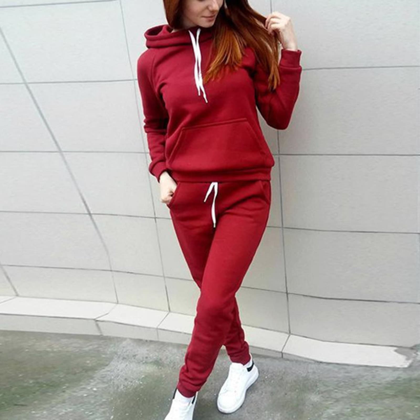 Women's Clothing Solid Color Patternless Long Sleeve Pants Outdoor Sports Hoodie 2 Sets