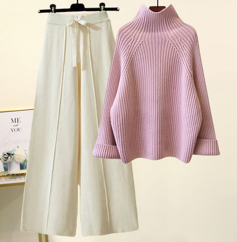 Ensemble coréen oversize en maille – Pull à grosses torsades et pantalon fluide à jambes larges, tenue d'hiver décontractée à col montant (Be