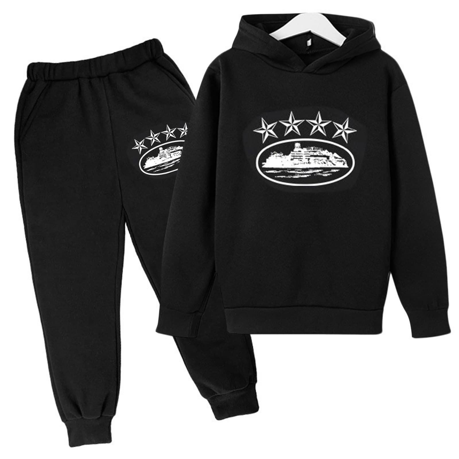 Ensemble deux pièces pour enfants, sweat-shirt à capuche ample, décontracté, en polaire, pour garçons et filles, automne et hiver