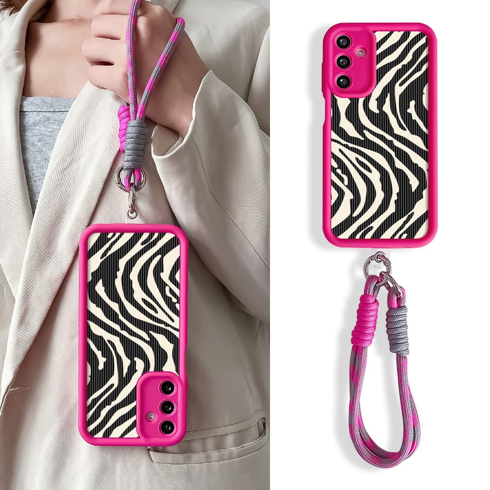 Lanyard Case For Samsung S25 Plus Ultra S24 FE A16 06 26 36 56 Zebra Stripes Pattern Wrist Chain Hang Strap Phone Cover