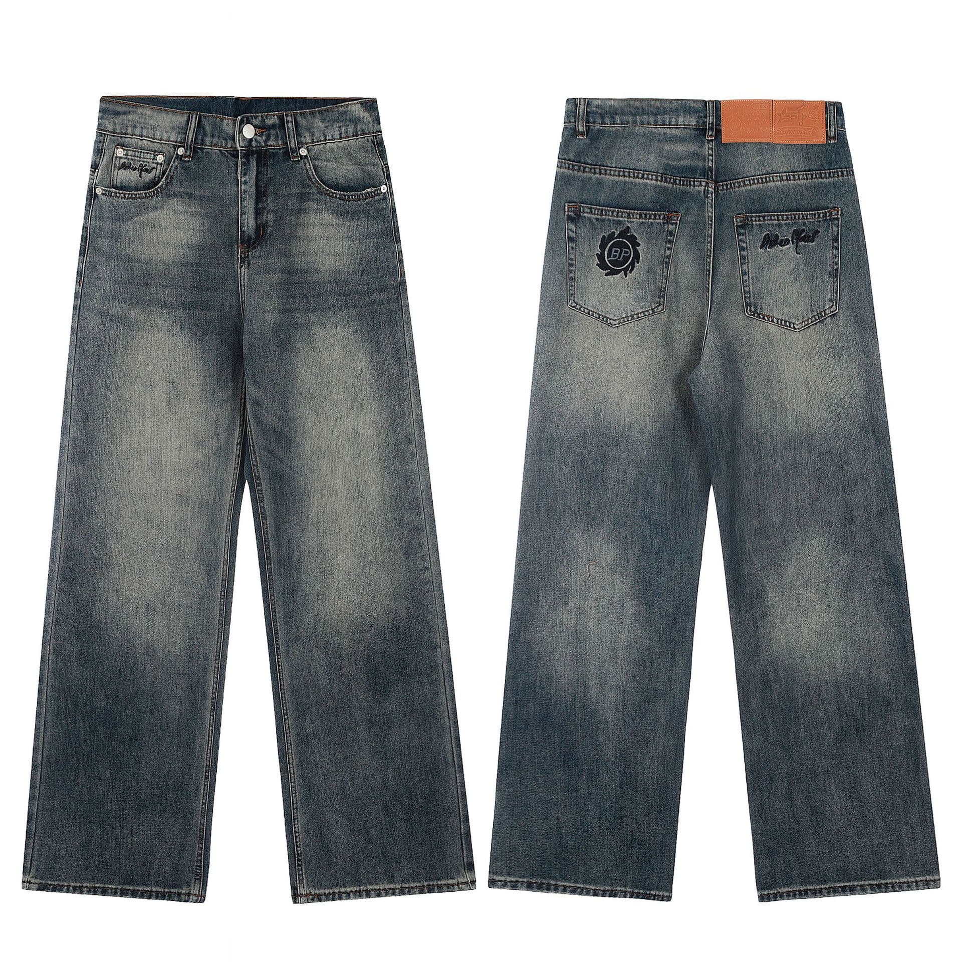[BPCollective] Unisex Washed Denim - Embroidered Logo Straight Jeans | High Street