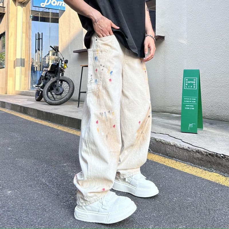 Men's Clothing White Graffiti Wide Leg Scimitar Jeans For Men In Summer High Street Fashion Loose Straight Casual Pants For Men