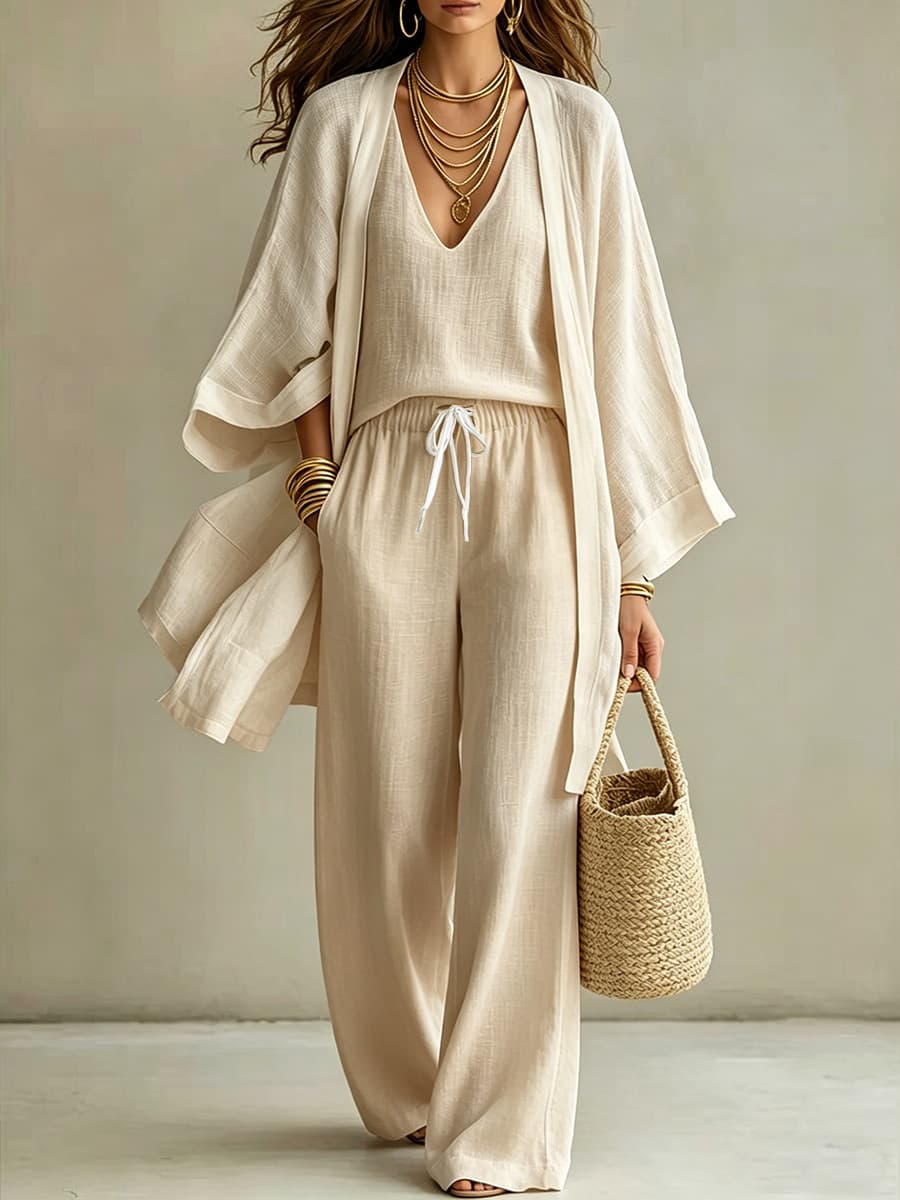 Ensemble trois pièces d'été décontracté pour femme, style américain, gilet mi-long ample en coton et lin, sans manches