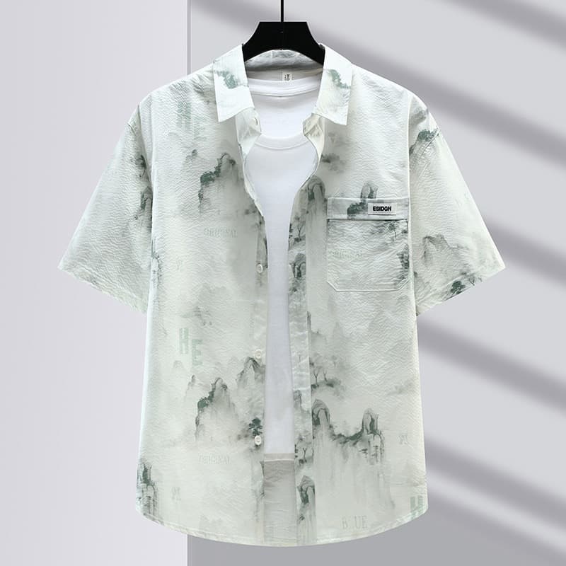 Tie Dye Quick Drying Ice Silk Short Sleeved Shirt For Men In Summer, Thin Cut Shirt, Loose Five Quarter Sleeved Jacket
