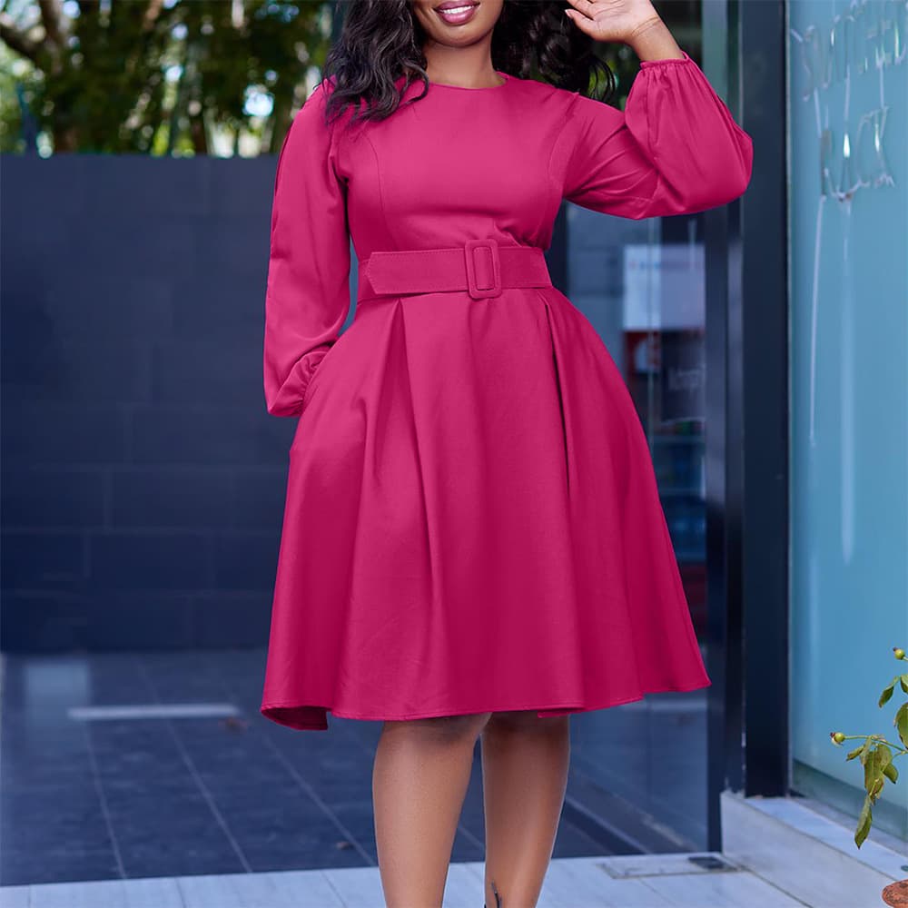 Women's clothing with belt long-sleeved elegant temperament round neck big swing dress