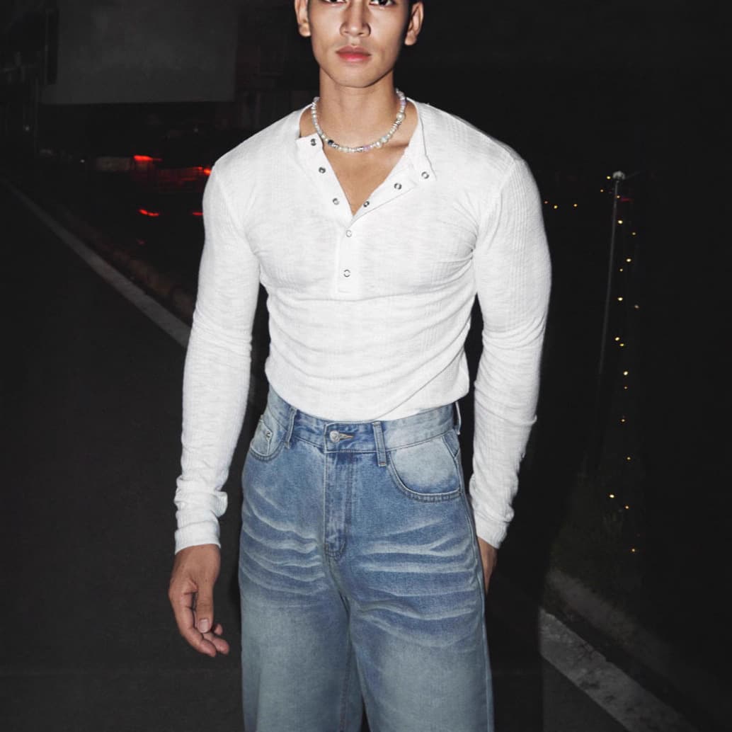 Men's Clothing High Elastic Knitted Henley Shirt Half Button Tight Stretch Knit Henley Shirt Slim Fit Long Sleeve Breathable Semi-Button T-Shirt​