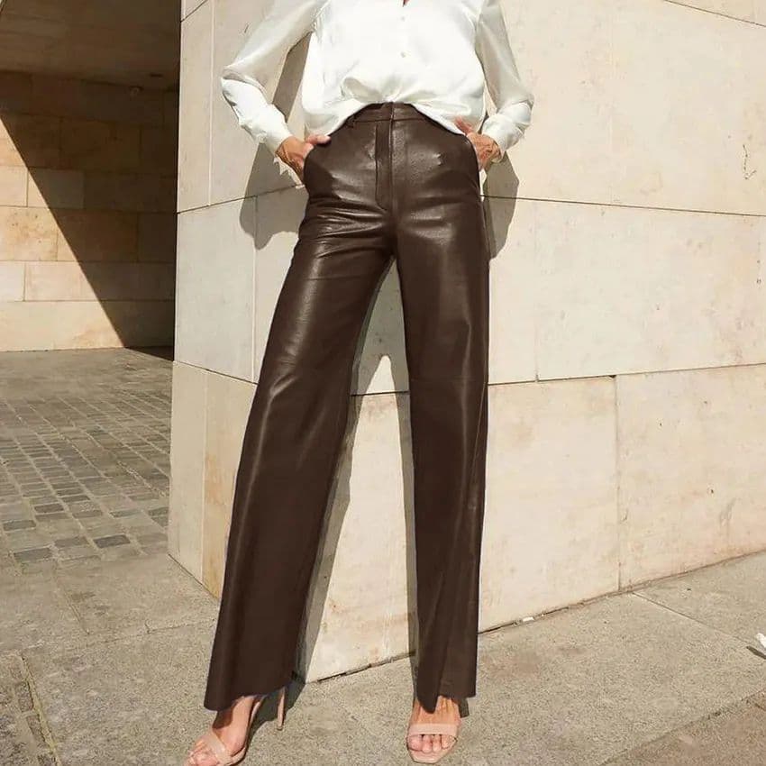 hot selling Europe and the United States wind spring PU leather mid-high waist hip lift straight ladies casual women's pants
