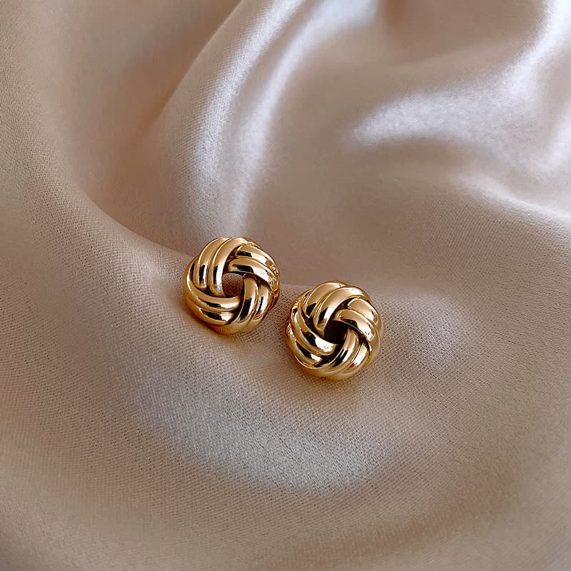 S Silver Needle Korean Simple Circle Braided Knot Gold Ball Cute Elegant Internet Celebrity Stud Earrings