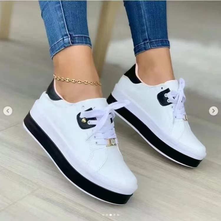 Spring And Summer Cross-border New Women;shoes Thick-soled Sneakers Lace-up Small White Shoes Low Top Casual Shoes Leather Foreign Trade Large Size