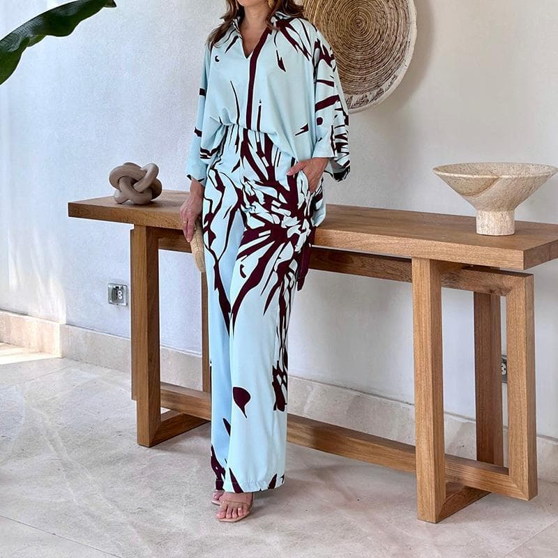 Women's Fashion Long Sleeve Elegant Loose Bat Sleeve Top Wide Leg Pants Set