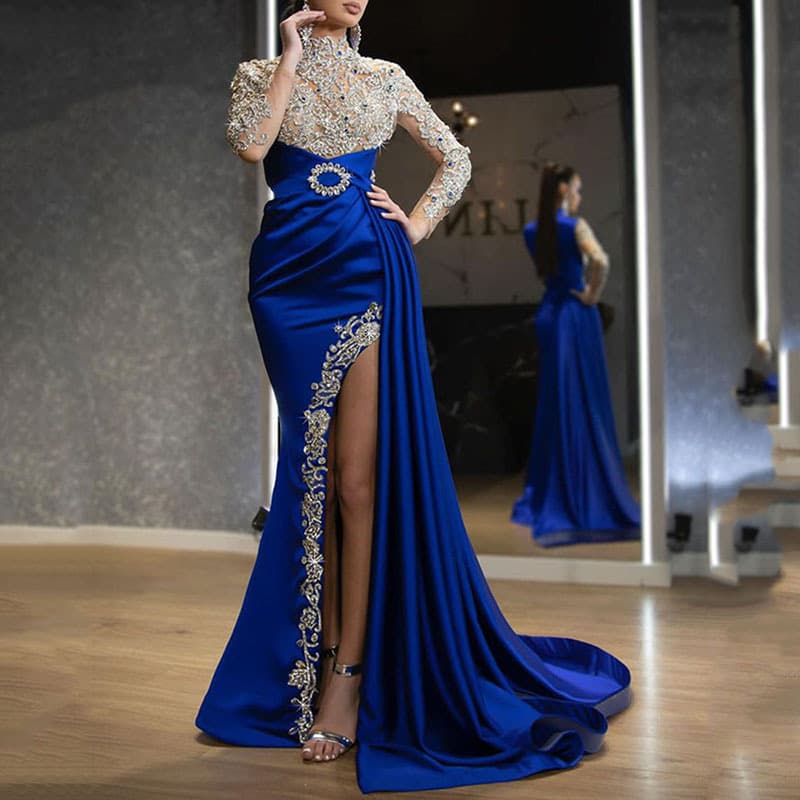 Women's Clothing Spring And Summer New Women's Blue Gold Sprinkled Round Neck Dress Sexy Splicing Evening Dress Long Skirt
