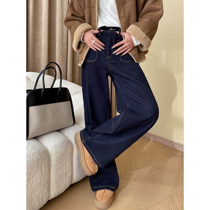 Women's Clothing Retro Style Bright Line Double Pocket Design Stitching Straight Wide Leg Jeans