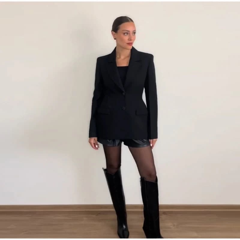 ​​Women's Knitted Blazer – Slim-Fit Double-Breasted Jacket With Padded Shoulders For Office & Smart Casual​​