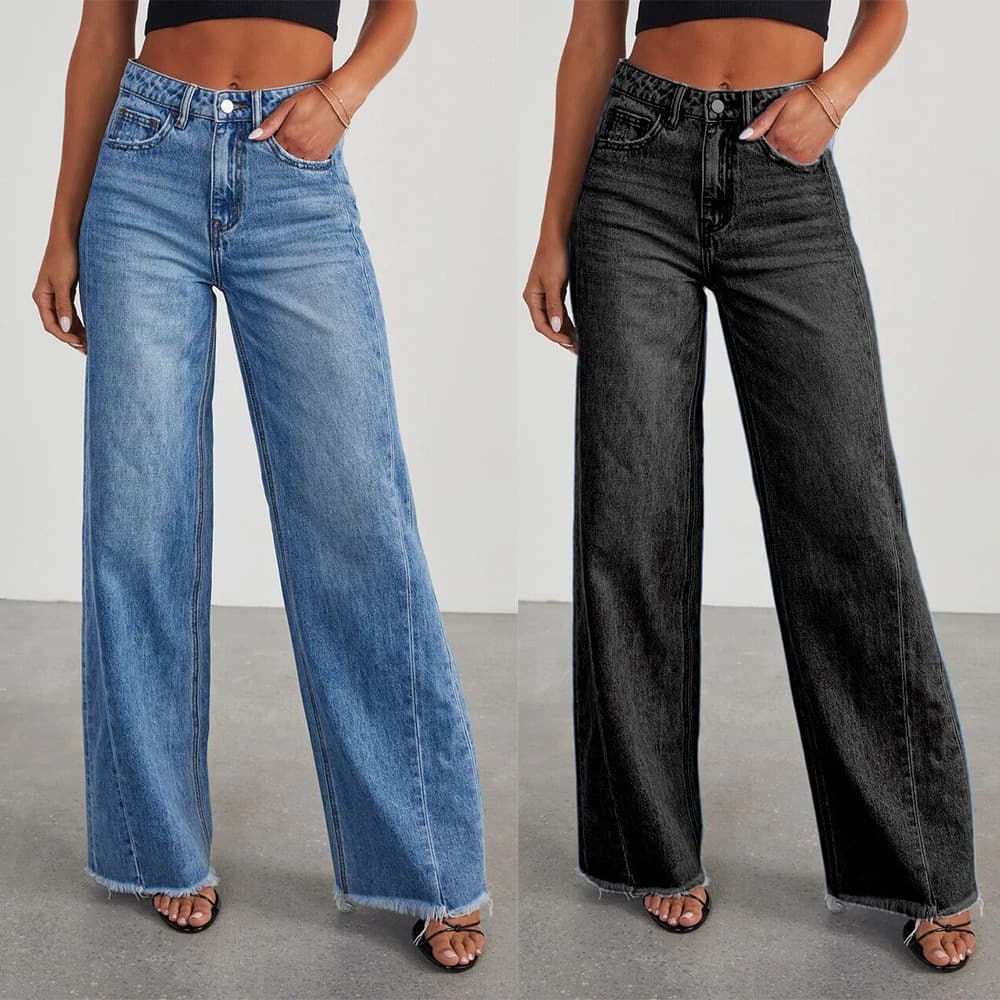 Women's Clothing Loose Wide Leg Side Seam Stitching Frayed Hem Jeans For Women 32150