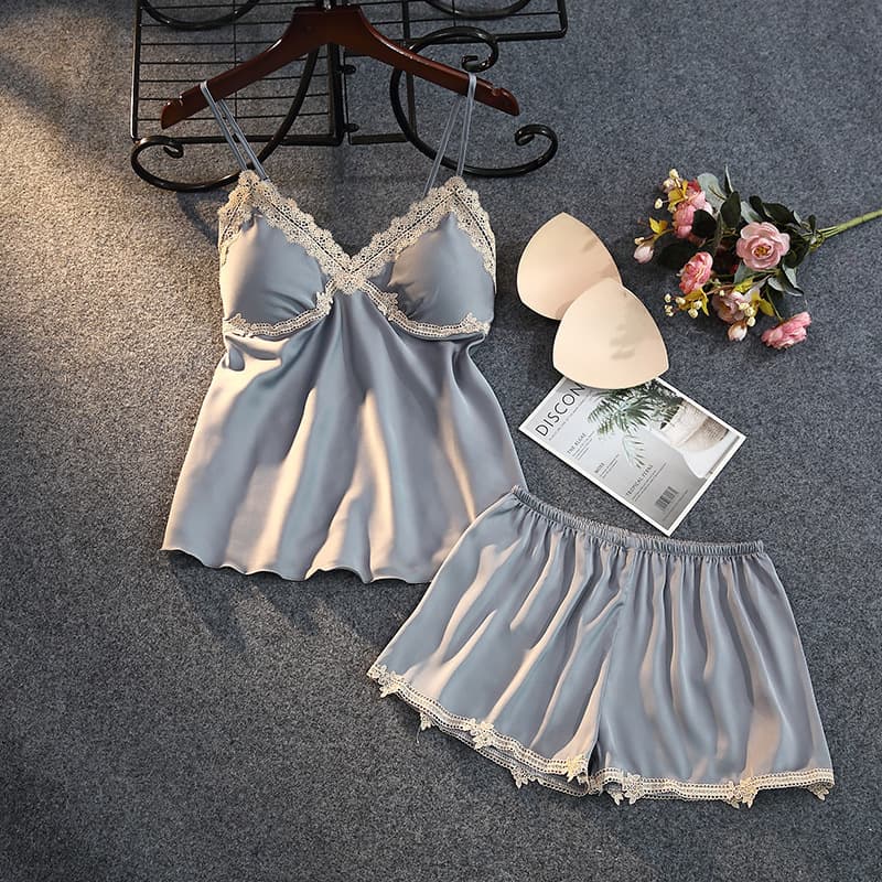 Women's Ice Silk Suspender Shorts Sexy Lace Belt Bra Pad Two-piece Set Home Clothes Summer
