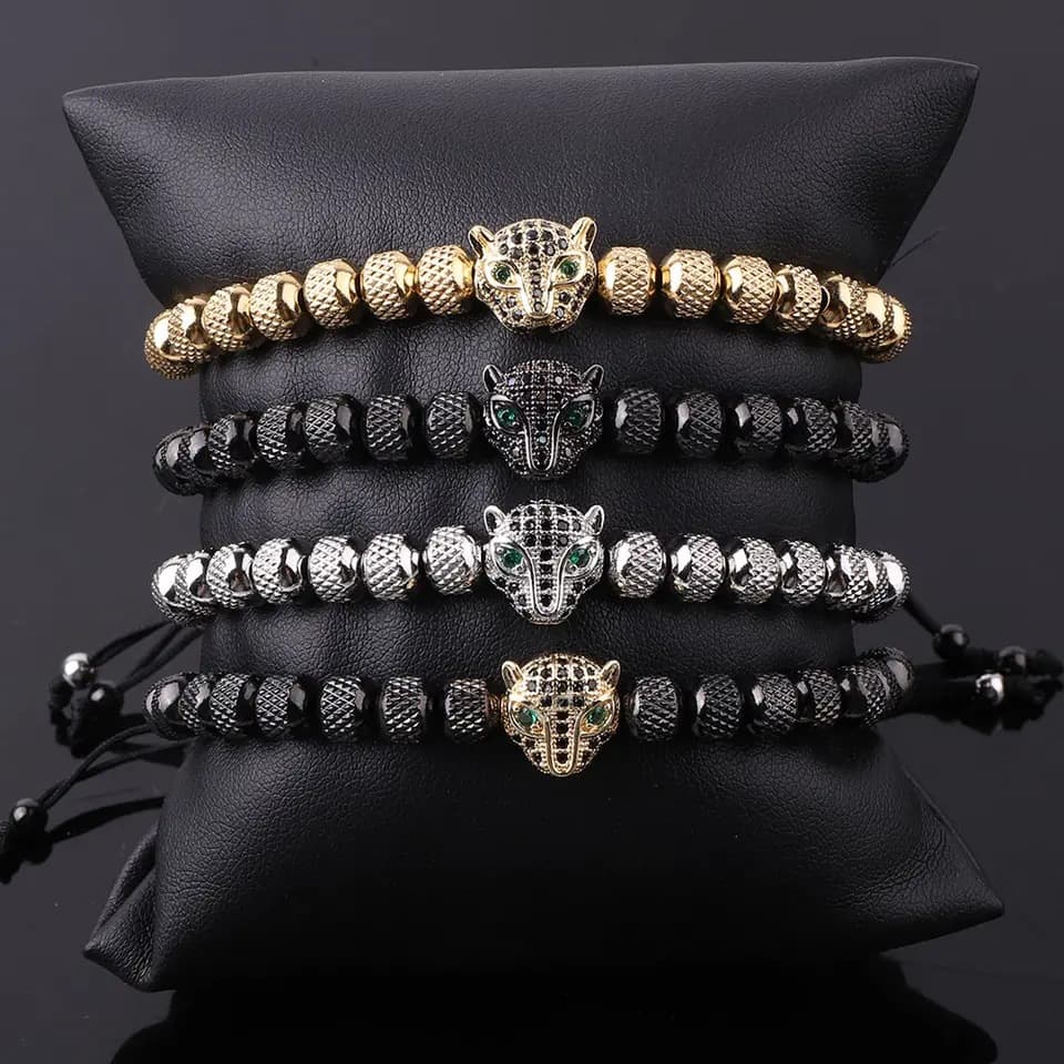 Unisex cheetah beaded bracelet men's adjustable micro inlaid zircon leopard head bracelet
