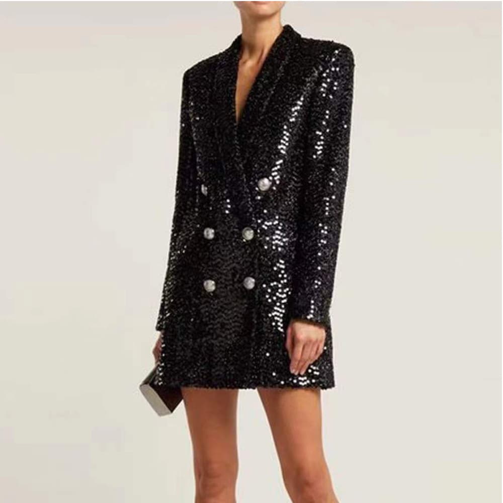 Women's Clothing Black sequined silver button long-sleeved suit dress